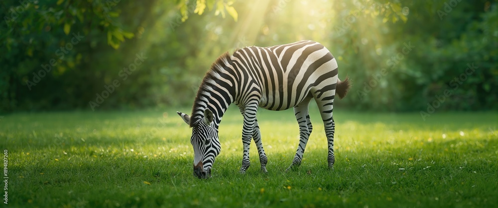 Fototapeta premium Outdoor scene of a zebra feeding on grass in nature