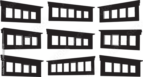 Collection of black window frames in various angles isolated