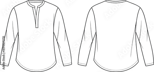cad drawing flat vector illustration, front and back shirt view, long sleeve curved hem, placket neckline detail, fashion sketch