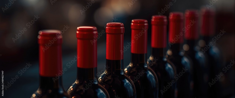 Obraz premium Red Wine Bottles Featuring Bright Red Caps