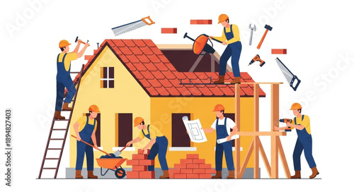 Construction workers building a house together on a white background.