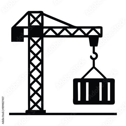 Black and white vector silhouette of an industrial tower crane lifting a heavy shipping container with vertical stripes on site.