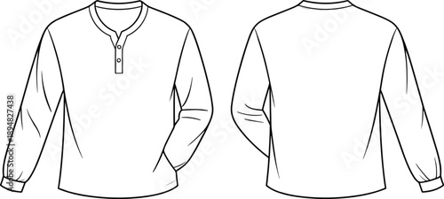 cad drawing flat vector illustration, front and back shirt view, long sleeve design, button placket detail, fashion sketch, garment template