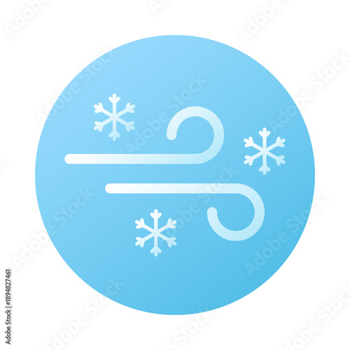Icon blizzard. Wind and 3 snowflakes. Sky and weather design element. Round Isolated vector illustration.