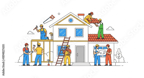 Construction workers building a house together on a white background.