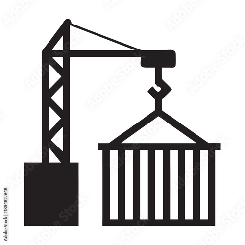 Minimalist black and white vector silhouette of an industrial tower crane lifting a heavy shipping container with vertical stripes outdoors.