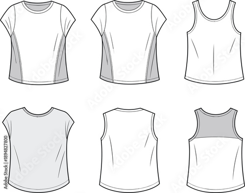 cad drawing flat vector illustration, front and back top view, fashion sketch, sleeveless and short sleeve design, garment pattern detail