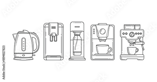 Line art of modern kitchen appliances including kettles and coffee machines