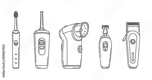 Set of personal care appliances: electric toothbrush, ear cleaner, lint remover, nose trimmer, hair clipper