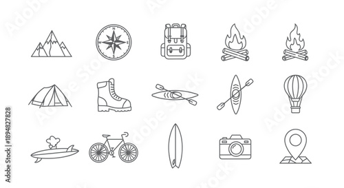 Outdoor adventure icons mountains camping and exploration equipment