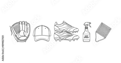 Baseball and soccer gear collection: glove, cap, cleats, grip spray, basket