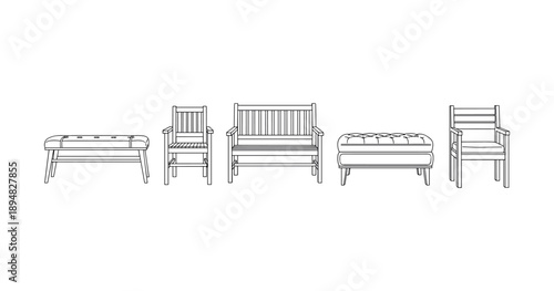 Minimalist line drawings of chairs and benches in various styles