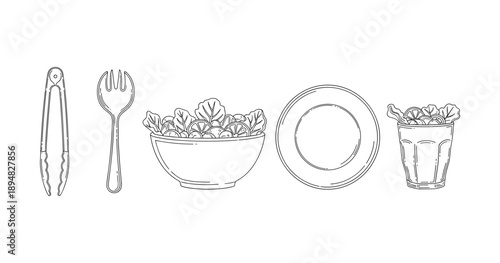 Kitchen utensils and salad presentation: tongs, fork, bowl, plate, glass with salad