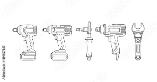 Outlined electric power tools and wrench collection on white background