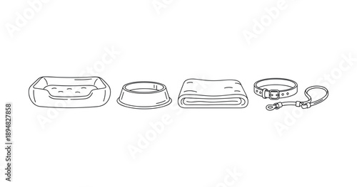 Pet essentials: bed, bowl, blanket, collar, and leash line art illustration