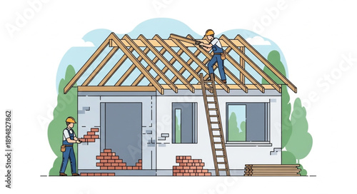 Construction workers building a house roof and walls.
