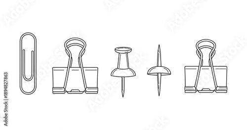Black and white office supplies illustration with clips and push pins