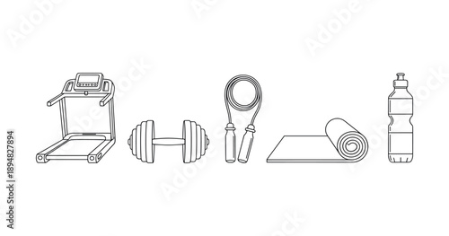 Home workout essentials: treadmill, dumbbell, jump rope, yoga mat, water bottle line art