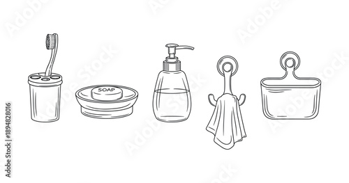 Bathroom essentials: toothbrush, soap, dispenser, towel, holder in line art