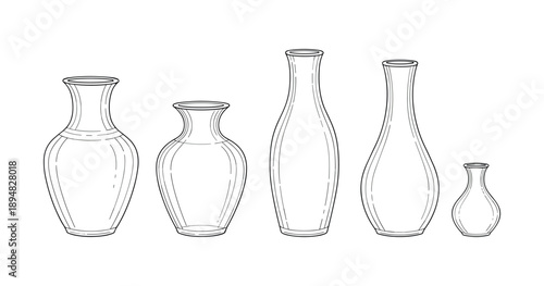 Line art of five elegant vases in varying shapes and sizes