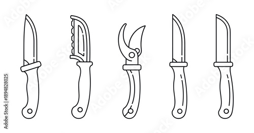 Vector outline of gardening tools: pruning shears and knives