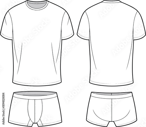 cad drawing flat vector illustration, front and back view, t-shirt and boxer briefs design, fashion template, garment sketch, apparel detail