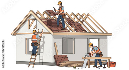 Construction workers building a house roof on a sunny day.