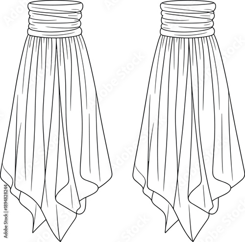 Cad drawing flat vector illustration, gathered waistband skirt, handkerchief hemline, fashion sketch, asymmetrical design, apparel template, garment flat sketch**