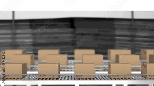 Animation of packages moving on conveyor belt in warehouse