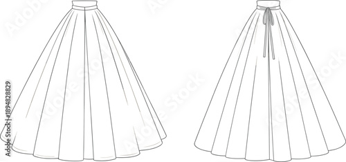 Cad drawing flat vector illustration, long skirt design, pleated silhouette, waistband detail, bow accent, fashion sketch, garment template, apparel flat
