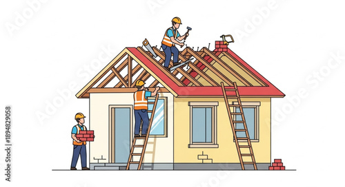 Construction workers building a house roof with ladders and tools.