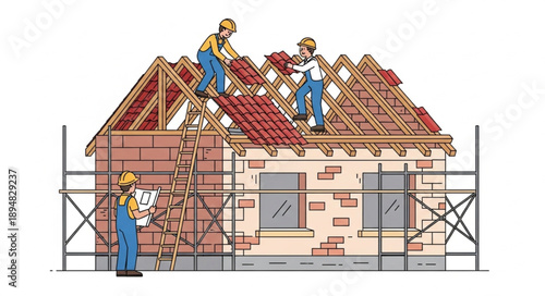 Construction workers building a house roof with scaffolding.