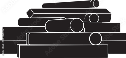 Black and white illustration of stacked industrial metal pipes
