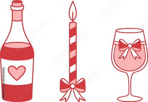 Wine bottle glass and candle with bow valentines day galentines party bachelorette coquette outline drawing. Red pink girly heart aesthetic candlelight girl dinner cute doodle sticker bundle pack.