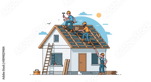 Construction workers building a house roof with tools and materials.