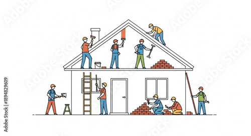 Construction workers building a house roof with tools and materials.