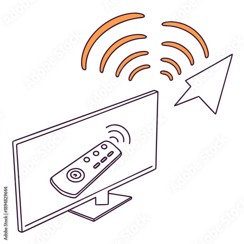 A line drawing of a computer monitor with a remote control and orange wifi signals and a cursor