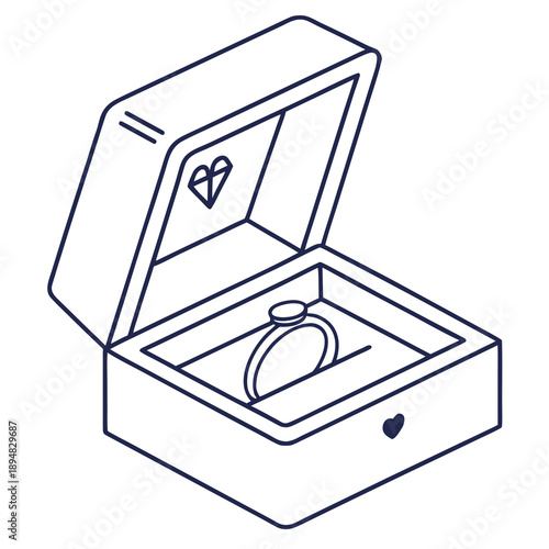 A line drawing of a ring in an open jewelry gift box with a heart on the lid