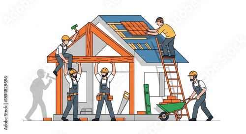 Construction workers building a house roof with tools and materials.