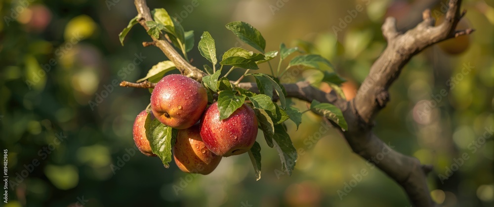 Obraz premium Apples hanging from a tree branch in a summer garden