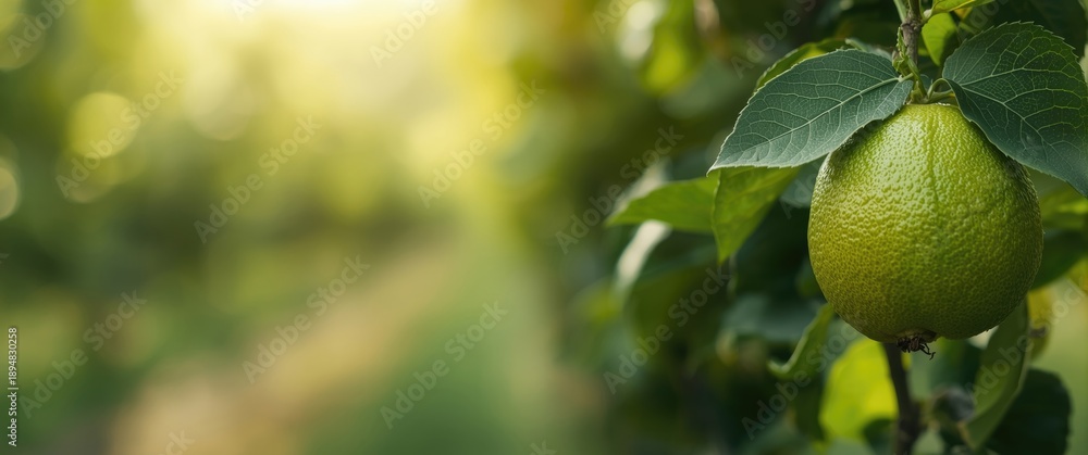 Obraz premium Fresh Green Grapefruit with Foliage in Vineyard Scene, Blurred Bokeh Background and Empty Text Area