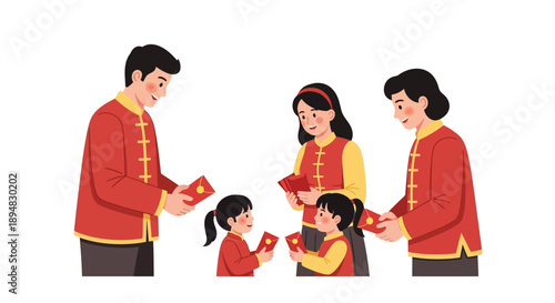 Illustration of a Chinese family giving and receiving red envelopes on Lunar New Year Day, symbolizing good luck and prosperity during the Spring Festival holiday.