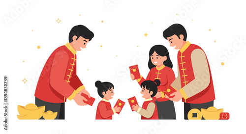 Illustration of a family with children exchanging red envelopes on Lunar New Year Day 3, symbolizing good luck and prosperity in China during the Spring Festival continued holiday.