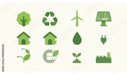 SEO Title:
Green environmental icon set with tree recycling energy and eco sustainability symbols vector illustration