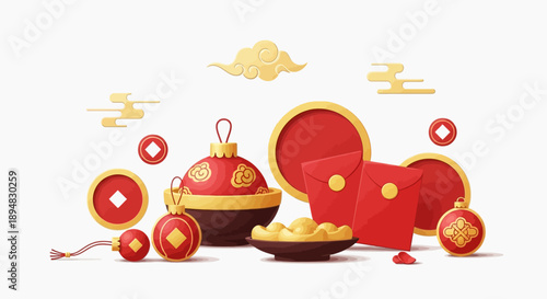 Illustration of red envelopes, gold coins, and decorative lanterns on a white background, symbolizing good luck during the Spring Festival Holiday in China.