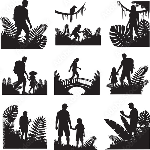 Silhouette People Walking in Jungle with Family and Tropical Leaves