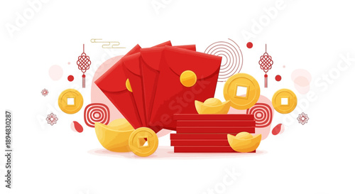 Illustration of red envelopes and golden coins on a white background, symbolizing good luck during the Spring Festival or Lunar New Year, with a design featuring icons and a child.