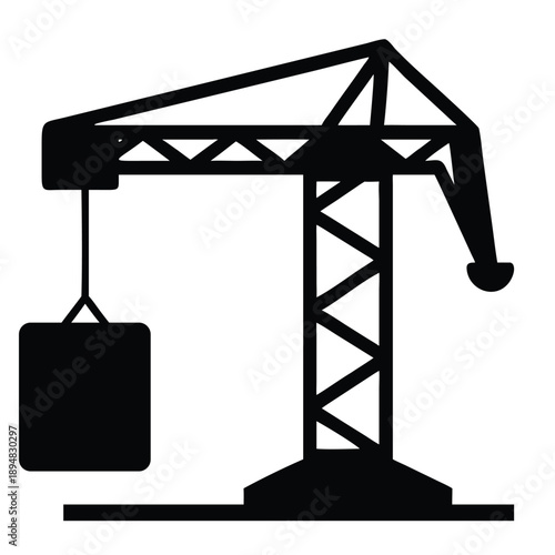 Minimalist black and white vector silhouette of a industrial construction tower crane lifting a heavy square load on its hook.