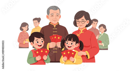 Illustration of a Chinese family with kids receiving red envelopes symbolizing good luck during the Spring Festival continued holiday.