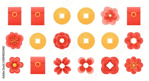 Illustration of red and gold icons and flowers on a white background, symbolizing good luck for the Spring Festival or Lunar New Year.